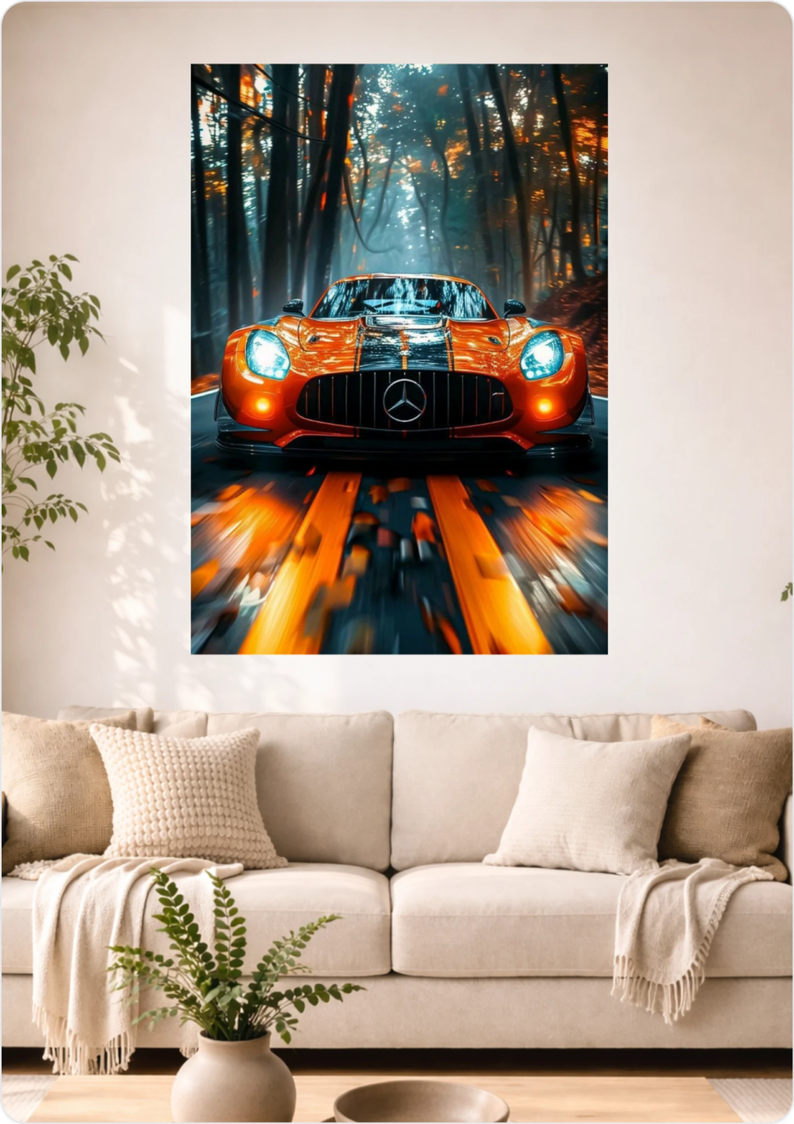 Affiche Voiture Sportive Orange en Forêt A3 Sans Cadre – Poster Supercar Luxe et Vitesse